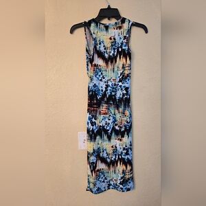Women's Abstract Blue and Black Patterned Bodycon Midi Length Dress Size S
